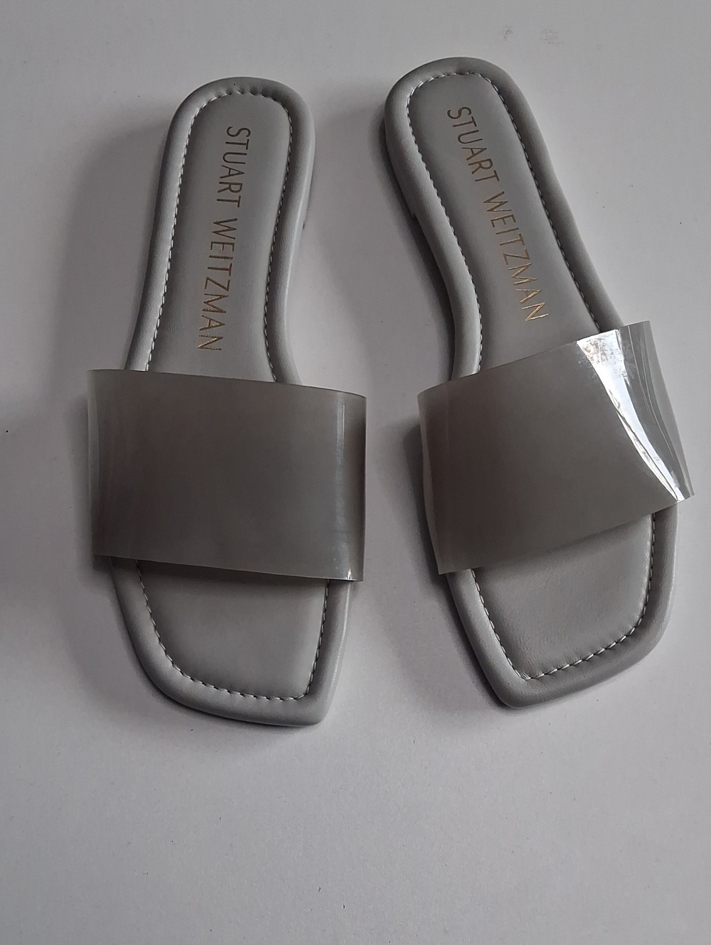 Stuart Weitzman Light Gray Slide Sandals with Wide Strap